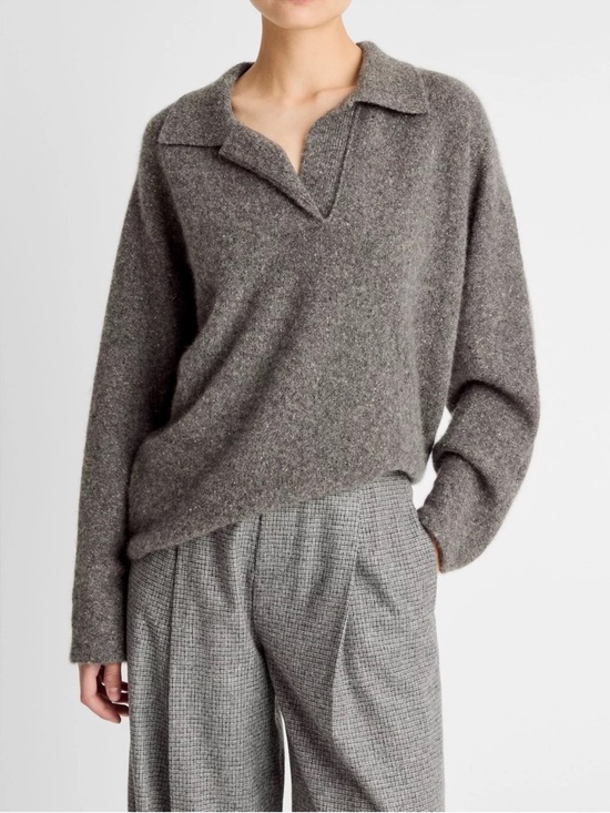 Vince Sweaters - Vince Donegal Plush Cashmere Dolman-Sleeve Polo Sweater in Medium Heather Grey